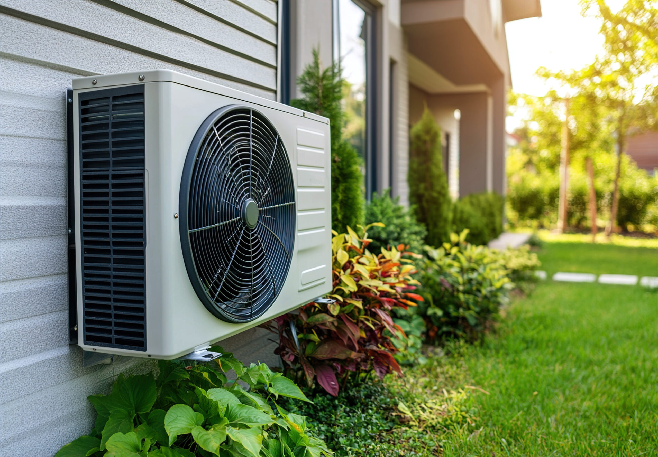 Modern Apartment Balcony with Air Conditioning Unit and Lush Greenery air handler commercial mechanical air quality plumbing heating electric